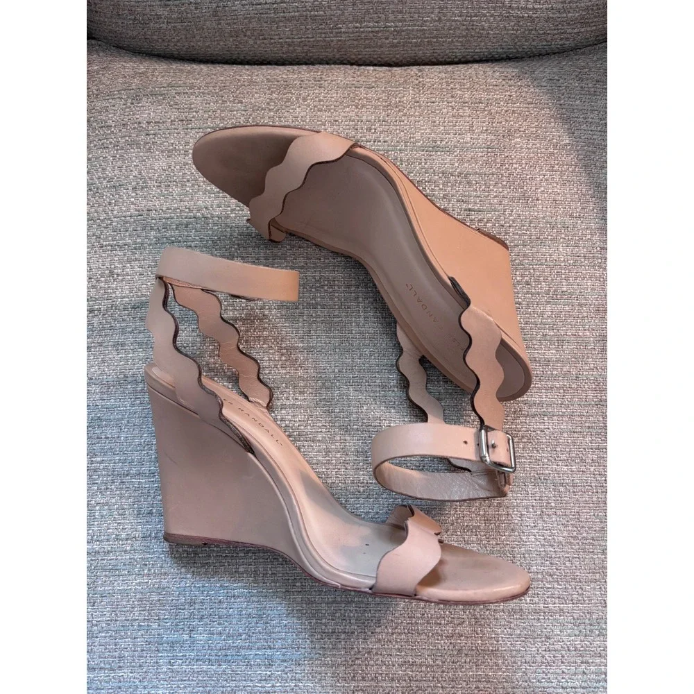 Loeffler Randall Emi Nude Leather Scalloped Wedge Sandals Ankle Strap Tan Size 8